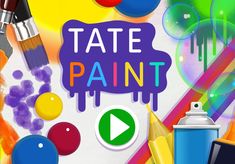 the words tate paint are painted on top of art supplies and other items that include crayons