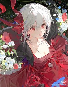 an anime character with white hair and red dress in front of flowers on the ground