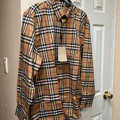 Burberry Shirt New With Tag Designer Brown Long Sleeve Tops, Designer Beige Long Sleeve Tops, Designer Long Sleeve Beige Tops, Designer Brown Collared Top, Designer Collared Brown Top, Designer Beige Cotton Tops, Burberry Men Outfit, Burberry Clothes, Burberry Shirts For Men