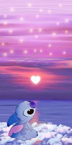 a cartoon character sitting on top of clouds in front of a heart shaped sky with stars