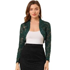 It's designed with floral lace and an open front for a comfortable fit. Crafted from soft and knit fabric, this lace cardigan features feminine full sleeves, and a scalloped hem, and is perfectly covered up with sleeveless dresses for a wedding look. A must-have item in your clothing wardrobe, the lace bolero has long sleeves, and semi-sheer lace, and is finished with a cropped length and could be stretchy a bit. Dresses For A Wedding, Shrug Top, Clothing Wardrobe, Long Sleeve Shrug, Lace Shrug, Cropped Shrug, Lace Bolero, Bolero Shrug, Lace Cardigan