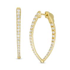 Exude an elegant vibe with these sleek diamond hoop earrings. Created in warm 10K gold, each marquise-shaped hoop shimmers with graduated-size diamonds along the outside front and inside back edge. Captivating with 2 cts. t.w. of diamonds and a bright polished shine, these earrings secure with hinged backs. Back Edges, Diamond Hoop Earrings, Jewelry Repair, Precious Jewelry, Diamond Stone, Earring Backs, 10k Gold, Designer Earrings, Wedding Stuff