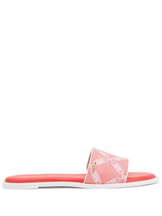 coral red logo-print strap round open toe branded footbed flat rubber sole slip-on style Michael Kors Flats, Latest Sandal, Printed Flip Flops, White Wedges, Brown Leather Sandals, Coral Red, Monogram Prints, Red Logo, Monogram Logo