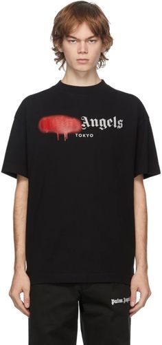 Palm Angels: Black Tokyo Logo Sprayed T-Shirt | SSENSE 10 Logo, Angel Outfit, Embroidered Cardigan, Palm Angels, Sleeve Cotton, Rib Knit, Tokyo, Black And Red, Angel