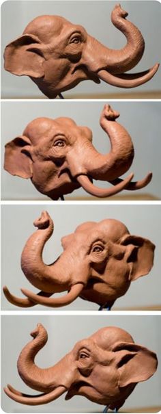 three different images of an elephant's head and tusks, each with its trunk in the air