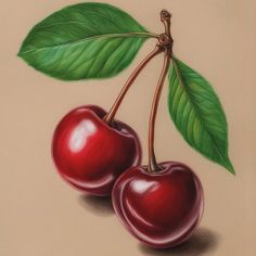 two cherries with green leaves on a beige background, painted in pastel pencil