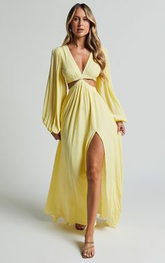 Paige Maxi Dress - Side Cut Out Balloon Sleeve Dress in Lemon | Showpo USA Style Big Bust, Basic Black Dress, Neon Outfits, Bachelorette Dress, Spring Maxi Dress, Navy Bridesmaid Dresses, Balloon Sleeve Dress, Fit And Flare Silhouette, Wedding Guest Looks