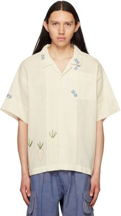 Story mfg.: Off-White Greetings Shirt | SSENSE Casual Embroidered Cotton Camp Shirt, Cotton Camp Shirt With Embroidered Camp Collar, Embroidered Cotton Shirt With Camp Collar, Embroidered Linen Shirt With Camp Collar, Cotton Embroidered Shirt With Camp Collar, Embroidered Cotton Camp Collar Tops, Linen Camp Shirt With Johnny Collar For Spring, Embroidered Cotton Tops With Camp Collar, Spring Embroidered Cotton Camp Shirt