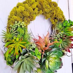 a wreath with succulents and moss is hanging on the door frame,