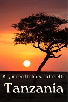 the sun is setting behind a tree and it says, all you need to know to travel to tanzania