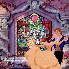 the princess and prince dancing together in front of a stained glass window