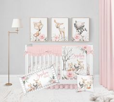 Woodland Nursery Bedding, Pink Crib Bedding, Baby Girl Crib Bedding Sets, Woodland Crib Bedding, Floral Crib Bedding, Woodland Baby Blanket, Crib Sheets Girl, Woodland Nursery Girl