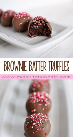 chocolate brownie batter truffles with sprinkles on a white plate