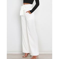 White Bowknot High Waist Wide Leg Pants White Belted Wide Leg Bottoms, White Workwear Pants With Tie Waist, White Belted High-waisted Pants, White Belted Wide-leg Bottoms, White Wide Leg Belted Pants, White Belted Wide Leg Pants, White Belted Pants For Work, White Tie Waist Trousers, High Waist White Belted Pants