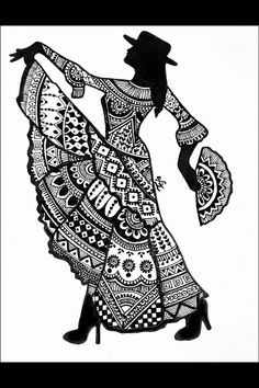 a black and white drawing of a woman dancing