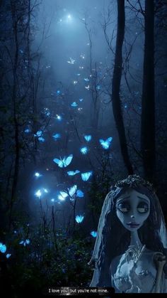 the corpse bride is surrounded by butterflies in the dark forest with blue eyes and white hair