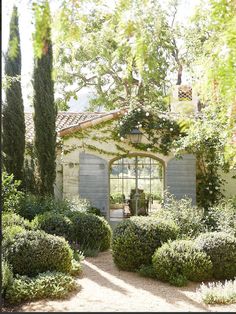 a house with lots of trees and bushes around it