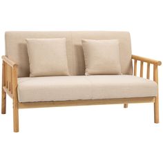 a wooden couch with three pillows on it's back and two side cushions that are off white