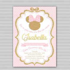 a pink and gold minnie mouse birthday party invitation with polka dots, bows and glitter