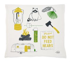 a tea towel with camping related items on it and the words please do not feed bears