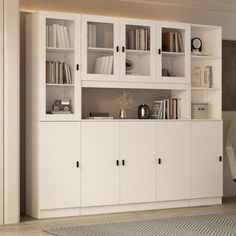 a living room with white bookcases and a gray rug on the floor in front of it