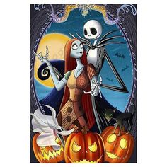 a painting of a woman and skeleton with pumpkins in front of a full moon