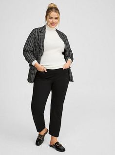 FIT Model is 5'9” wearing size 14. Measures 26” inseam (size 2). . MATERIALS + CARE Studio Luxe Ponte knit fabric: Our signature work (any) wear fabric with office-approved tailoring, WFH stretch and comfort, and curve-loving hold. Plus, it’s machine washable! Stretch level: Maximum. Wrinkle resistant. 68% rayon, 28% nylon, 4% spandex. Machine wash cold. Line dry. Imported. DETAILS Skinny fit. . Pull-on. . The best plus size women's long, tall pull on pencil skinny studio luxe ponte pant & tapered pants in deep black made of studioponte. These dressy clothes and work-wear, office-wear, career-wear, and business-wear will make you look professional to nail your job interview and wear to work every day. Torrid is your destination for cozy fall and winter clothes to keep you warm and comforta Business Casual For Plus Size Women, Plus Size Office Wear, Dressy Clothes, Ponte Pant, New Street Style, Business Wear, Ponte Pants, Career Wear, Sweaters Online