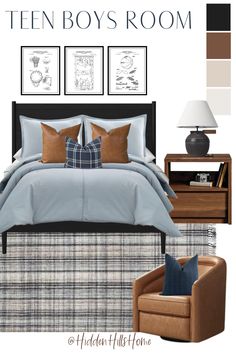 Boys bedroom design board with blue, brown and black tones throughout Navy Grey And Brown Bedroom, Blue Black Bedroom Ideas, Vintage Teen Boy Bedroom, Young Men’s Bedroom Ideas, Boys Bedroom Ideas Teenagers, Young Man Room Ideas, Boys Bedding Ideas, Teen Boy Bed, Boys Room Mood Board