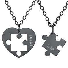 PRICES MAY VARY. Best Friend Necklace or Couple Matching Set for Boyfriend Girlfriend - set of 2 puzzle that can be customized is perfect for friendship or romantic relationship. Material - made of stainless steel, hypoallergenic, long color lasting, lead free, nickel free and rust-proof. Custom engraving - deep and vivid laser engrave technology. Size - Heart 1.5" x 1.1"; Jigsaw 0.7" x 0.7"; Chain length 20"+2" extender. Come wth 2 Pcs Necklaces, U7 box and a black velvet pouch. Boyfriend Necklace, Bff Necklaces, Couple Necklaces, Best Friend Necklaces, Friendship Necklaces, Friend Necklaces, Boyfriend Girlfriend, Puzzle Pieces, Custom Engraving