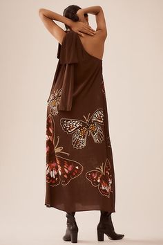 Viscose Tie styling Dry clean Imported | Revona One-Shoulder Maxi Dress by Conditions Apply in Brown, Women's, Size: 2XS, Viscose at Anthropologie Tie Styling, Shoulder Day, Ladies Day Dresses, Cold Shoulder Maxi Dress, Grey Midi Dress, Maxi Dress Navy, Tie Styles, Pink Maxi Dress, Shoulder Design