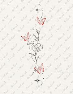 some red and black butterflies are flying over the white paper with writing on it that says,