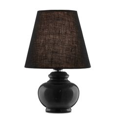 a black table lamp with a brown shade on the base and a dark fabric shade on the top