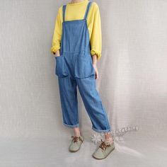 Women Loose Fitting Cotton Jumpsuits Denim Overalls Wide Leg Pants Comfortable Dungarees Leisure Bib Baggy Blue Straight Leg Overalls, Blue Baggy Straight Leg Overalls, Non-stretch Medium Wash Overalls, Medium Wash Non-stretch Overalls, Denim Blue Cotton Bib Front Jumpsuit, Denim Blue Cotton Overalls, Spring Cotton Bib Front Bottoms, Spring Bib Front Cotton Bottoms, Cotton Wide Leg Jumpsuits And Rompers With Pockets