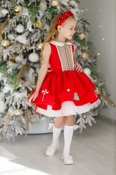 Embrace the spirit of the season with our enchanting Christmas dress, tailored for girls from 1 to 9 years old. Let your little angel shine in this exquisitely made holiday treasure. Our knee-length Christmas dress is designed to captivate and charm. Crafted from the finest satin and complemented by layers of soft tulle and taffeta, it creates a voluminous, princess-like silhouette that's both flattering and comfortable. The dress boasts eye-catching Christmas-themed prints along the hem--adorned with festive motifs like candy canes and Christmas trees that bring a playful flair to any holiday event. With convenience in mind, this dress is a breeze to wear. Constructed with durable materials, it's built to last through all the festive fun and will be a beloved item for years to come. This Christmas Party Attire, Kids Holiday Outfits, Trendy Christmas Outfits, Toddler Party Dress, Toddler Christmas Dress, Red Christmas Dress, Kids Christmas Outfits, Christmas Skirt, Christmas Party Outfit