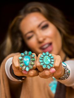 A beautiful mix of Royston, Piolet Mountain and Sonoran gold cluster rings! No words needed here to describe these amazing works of art. Big bold Royston NV turquoise, Native made for Brit West. Available in Green or Blue. On solid sterling silver. These look great with our cluster pendants, and when ordered together we make sure to match them. Pendants shown on our braided leather necklaces or 5 strand Navajo pearls! We can build these in bigger Mas Grande sizes as well. Contact us for pic of c Leather Necklaces, Braided Leather Necklace, Navajo Pearls, Cluster Rings, Cluster Pendant, Braided Leather, Leather Necklace, Works Of Art, Cluster Ring