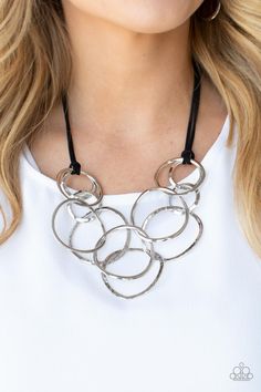 Spiraling Out of COUTURE - Silver & Black Cord Necklace - Chic Jewelry Boutique Hammered Gold Ring, Couture Necklace, Hammered Silver Ring, Suede Cord, Paparazzi Accessories, Black Necklace, Chic Jewelry, Paparazzi Jewelry, Hammered Silver