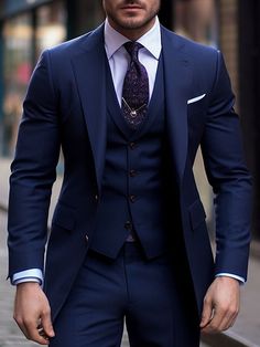 Black Burgundy Navy Blue Men's Wedding Suits 3 Piece Solid Colored Slim Fit Single Breasted Two-buttons 2024 2024 - $119.99 Mens Dress Suits Ideas, Men In Blue Suits, Mens Suits Outfits, Mens Blue Tux Wedding, Men’s Wedding Tux Styles, Grooms Navy Blue Suit Wedding, Suit For Black Men, Dark Navy Blue Wedding Suit, Men’s Blue Suits