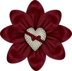 a red flower with a heart shaped bow on it's center and ribbon around the middle