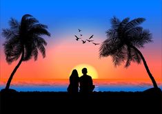 two people are sitting on the beach watching the sunset