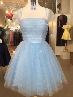 Princess Blue Dress With Sweetheart Neckline, Light Blue Princess Dress With Fitted Bodice, Light Blue Princess Style Dress With Fitted Bodice, Blue Short Sleeve Dress For Homecoming, Princess Style Blue Dress With Fitted Bodice, Light Blue Princess Style Prom Dress, Light Blue Princess Dress For Prom, Princess Style Light Blue Prom Dress, Light Blue Fitted Princess Dress