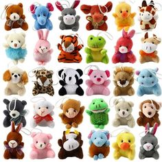 many different stuffed animals are shown together