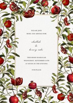 a wedding card with pomegranates and leaves