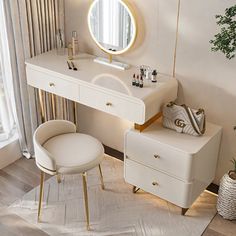 a dressing table with a mirror, stool and chair in front of a large window