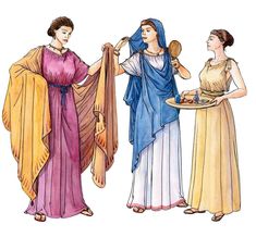 three women dressed in ancient greek clothing, one holding a plate with food on it