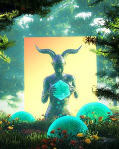 an image of a man with horns holding a crystal ball in front of some trees