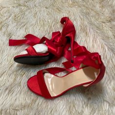 Never Worn Beautiful Shoes. Size 39 Party Sandals With Red Sole And Low Heel, Spring Heels With Red Bow, Party Heels With Red Bow And Round Toe, Chic High Heels With Red Bow, High Heels With Red Bow, Red High Heel Holiday Heels, Red High Heels For Holidays, Red Wrapped Heel Evening Heels, Red Heels With Wrapped Heel For Evening