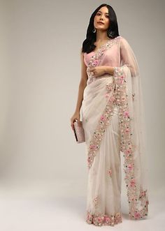 Powder White Saree In Organza With 3D Flower Embroidered Border And Buttis Featuring Multi Colored Moti And Sequins OnlineKalki Fashion डिजाइ�नर कपड़े, Simple Saree Designs, Kalki Fashion, Fashionable Saree Blouse Designs, Fancy Sarees Party Wear, Traditional Indian Dress, Simple Sarees, Saree Designs Party Wear, Indian Fashion Saree