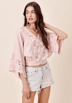 Embroidered Eyelet Button Front Top | LOVESTITCH Tops Womens Boho Tops, Celine Dress, Dramatic Sleeves, Eyelet Top, Button Front Top, Women's Blouses, Beach Casual, Vintage Button, Boho Beach