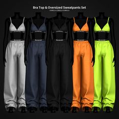 the bra top and overall sweatpants set is available in four colors, including black, orange