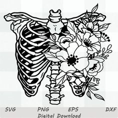 an image of a skeleton with flowers on it's chest and the words, digital eps dxf